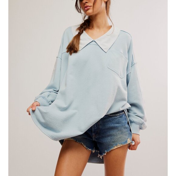 🆕 NWT FREE PEOPLE Madeleine Sweatshirt / Winter Sky Combo Size L - Picture 5 of 10
